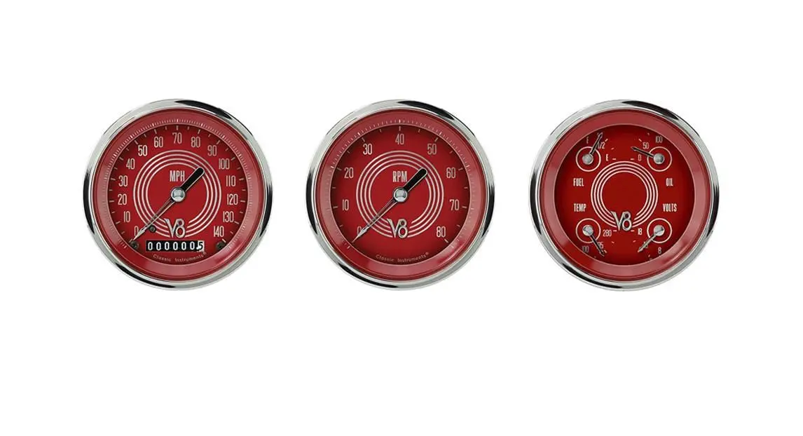 Classic Instruments V8 Red Steelie Gauge Set – V8Rs03Shc Complete Package 1